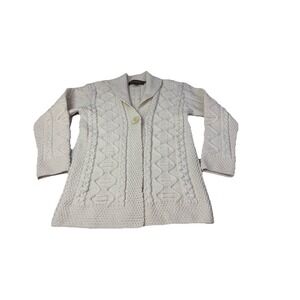 INIS CRAFTS 100% MERINO WOOL HANDKNIT FISHERMEN CABLE KNIT CARDIGAN WOMENS M 3h